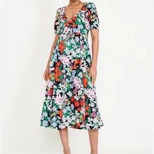 Old Navy XXL Puff Sleeves MIDI Swing Dress Blue Multi Flower Cotton Festival